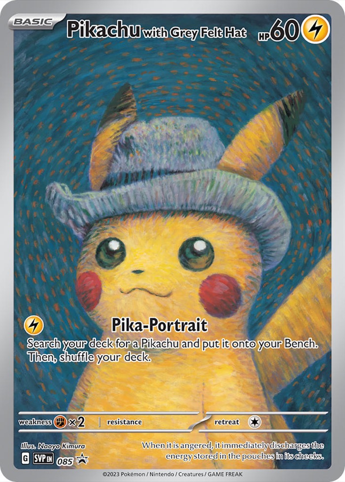 Pikachu with Grey Felt Hat, Pokémon card SVP 085, illustrated by Naoyo Kimura, 2023